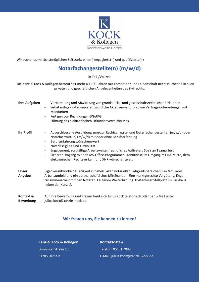 Kanzlei Kock & Kollegen Stellenausschreibungen